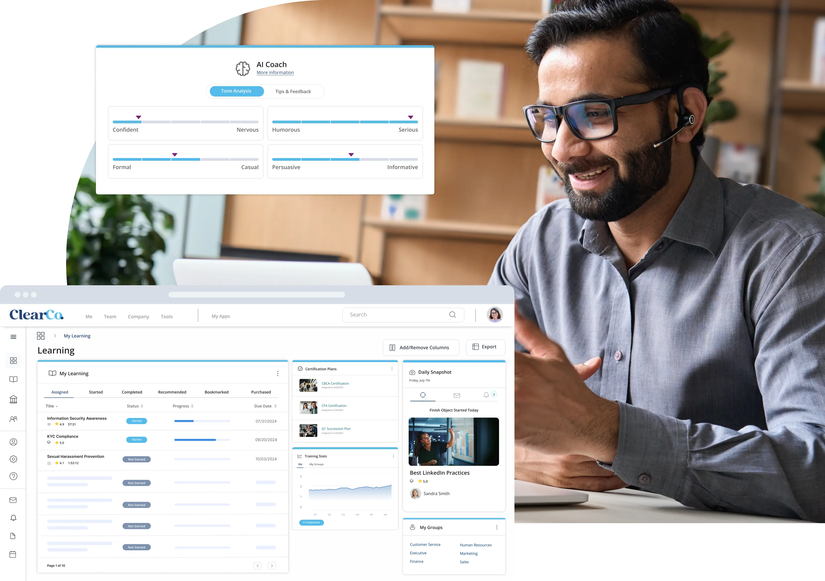 Mockup of clearcompany LMS AI Dashboards and man at computer
